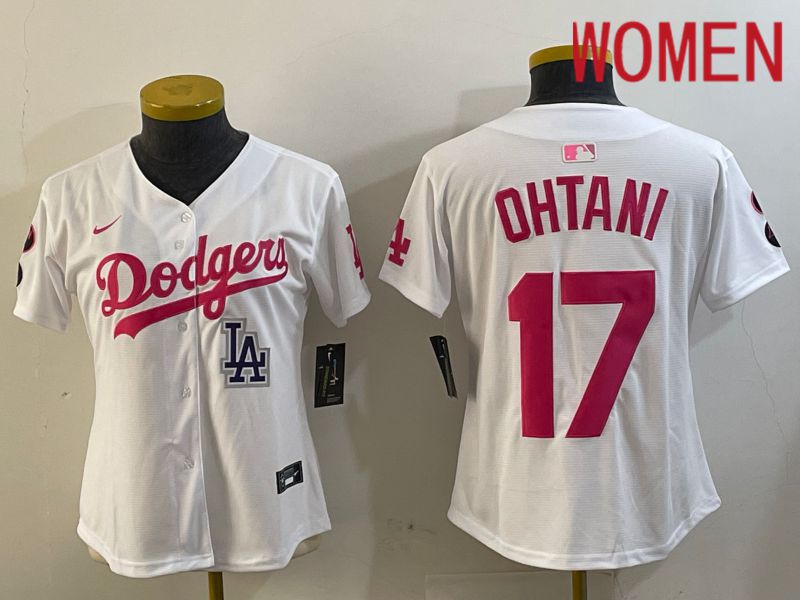 Women Los Angeles Dodgers 17 Ohtani White pink Game 2024 Nike MLB Jersey style 3